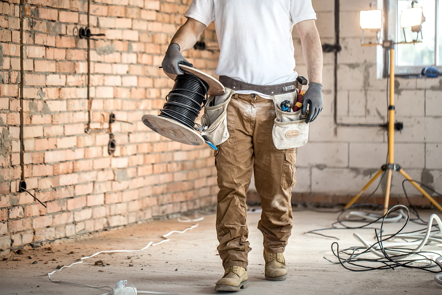 Elektriker mit Werkzeug, der auf einer Baustelle arbeitet. Reparatur- und Handwerkerkonzept.